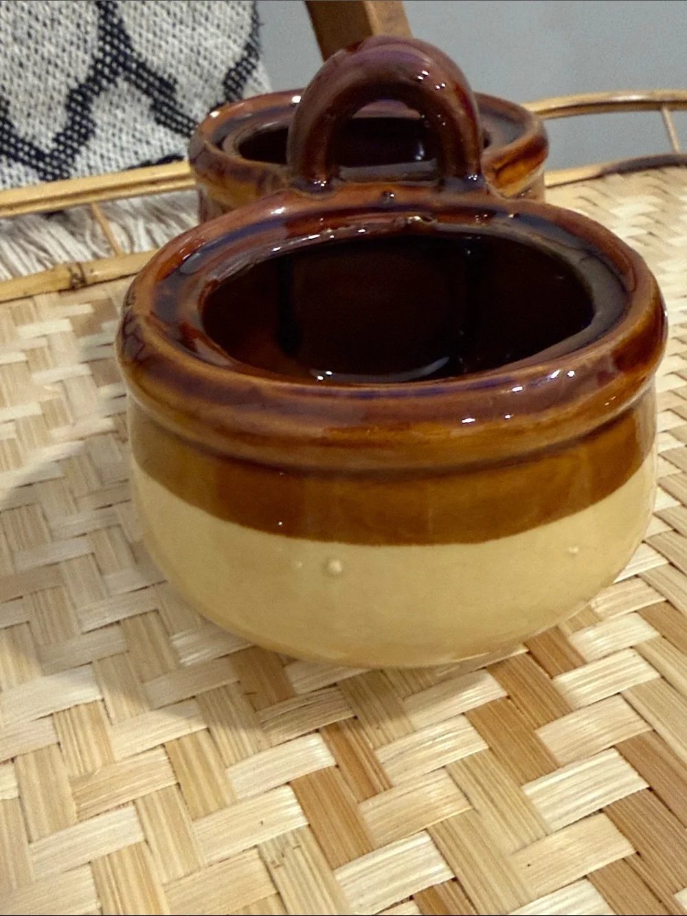 Vintage Taiwan Double Condiment Jar Set Brown Stoneware Relish Jam W/ Spoons